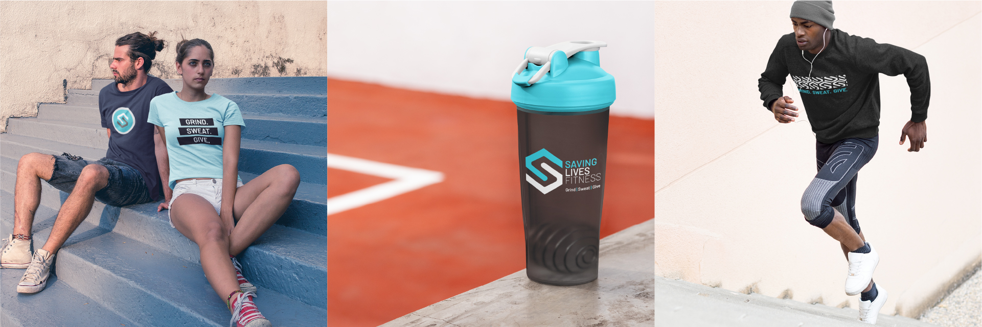 Apparel, shaker protein bottle, and hoodie designed by REMEDY for Saving Lives Fitness